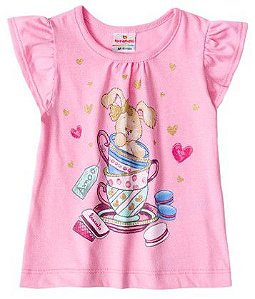 Blusa Manga Curta Bebê Menina Coelhinho Rosa Claro - Brandili