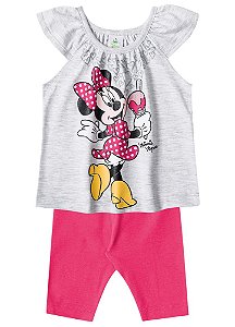 Conjunto Manga Curta Bebê Menina Minnie Cinza e Rosa - Brandili