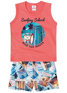 Conjunto de Regata e Bermuda - Ursinho Surfista - Laranja - Brandili