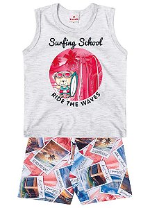 Conjunto de Regata e Bermuda - Ursinho Surfista - Cinza - Brandili