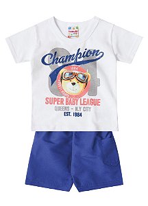Conjunto Manga Curta Bebê Menino Ursinho Branco e Azul - Brandili
