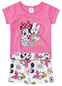 Conjunto Manga Curta Bebê Menina Minnie e Margarida Rosa - Brandili