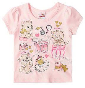 Blusa Manga Curta Bebê Menina Gatinho Rosa Claro - Brandili