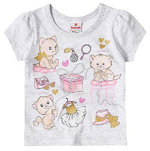 Blusa Manga Curta Bebê Menina Gatinhos Cinza - Brandili