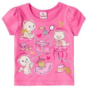 Blusa Manga Curta Bebê Menina Gatinhos Rosa - Brandili