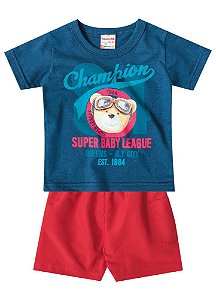 Conjunto Bebê Menino Ursinho Azul Petróleo e Vermelho - Brandili