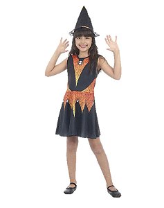 Fantasia Infantil Menina Bruxa com Chapéu Preto e Laranja - Sulamericana