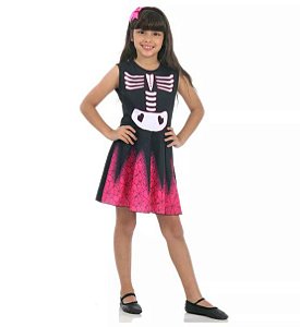 Fantasia Infantil de Bruxa Esqueleto - Manga Curta - Rosa e Preto - Sula