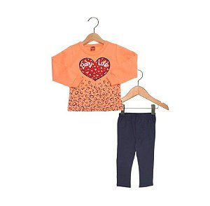Conjunto Moletom Bebê Menina Corações Azul Marinho e Laranja - Elian