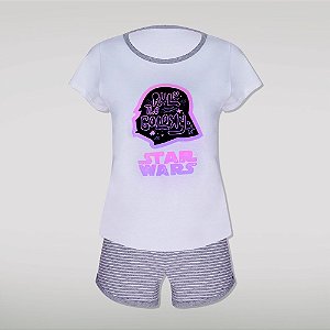 Pijama Manga Curta Adulto Feminino Star Wars Branco e Cinza - Lupo