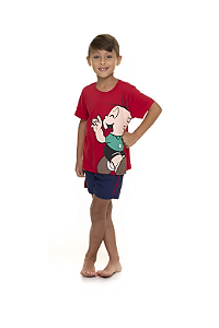 Pijama Manga Curta Infantil Menino Cebolinha Vermelho e Azul Marinho
