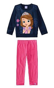 Conjunto Moletom Flanelado Infantil Menina Princesa Sofia Rosa e Azul Marinho - Malwee