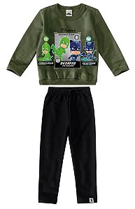 Conjunto Bebê Menino Moletom Flanelado PJ Masks Verde e Preto - Malwee