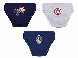 Kit 3 Cuecas Infantil Menino Capitão América Azul e Branco Modelo slip