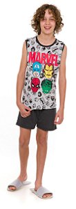 Pijama Manga Curta Juvenil Menino Avengers Cinza Estampado - Coleção Pai e Filho
