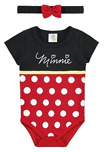 Body Manga Curta Bebê Menina Minnie com Tiara Vermelho e Preto - Marlan
