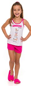 Pijama Manga Curta Infantil Menina Gatinho Branco e Rosa - Coleção Mãe e Filha