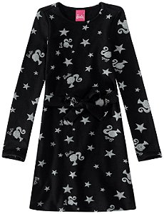 Vestido Manga Longa Infantil Menina Barbie Preto Glitter - Malwee