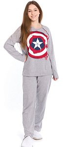 Pijama Manga Longa Juvenil Menina Capitão América Cinza Estilo Urban