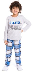 Pijama Manga Longa Infantil Menino Filho Cinza e Azul Xadrez