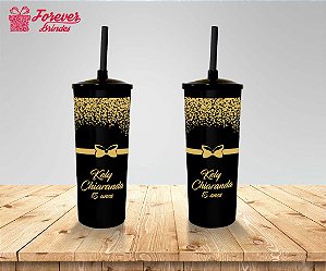 Copo Long Drink Tampa e Canudo 15 Anos Com Dourado