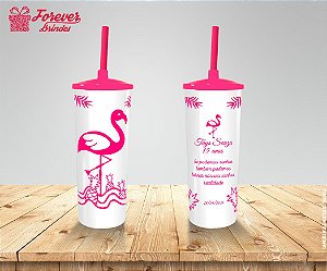 Copo Long Drink Com Tampa E Canudo De 15 Anos Com Flamingo