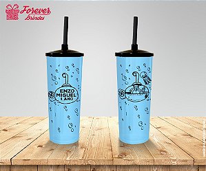 Copo Long Drink Com Tampa e Canudo Fundo Do Mar