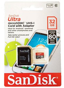 Cartão de Memória SanDisk 32GB Ultra ®microSDXC UHS-I Classe 10 + 1 Adaptador SD