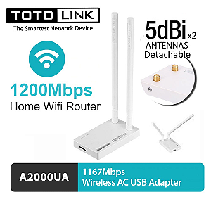 ADAPTADOR USB WIFI TOTOLINK A2000UA DUAL BAND -2.4GHZ E 5GHZ - 867MBPS 11AC