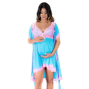 Conjunto Letícia Robe E Camisola Gestante Pimenta Sexy - Azul Capri Com Rosa