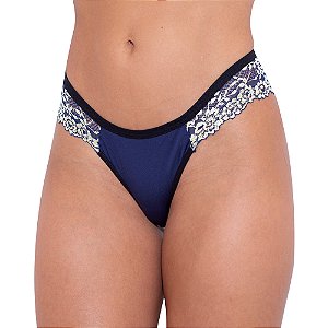 Calcinha Bicolor Em Microfibra E Renda Hot Love - Azul Marinho Com Marfim