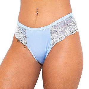 Calcinha Bicolor Em Microfibra E Renda Com Laço Hot Love - Azul Claro Com Branco