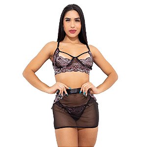 Conjunto Sensual Bicolor Com Sainha Hot Love - Preto Com Rosa Claro
