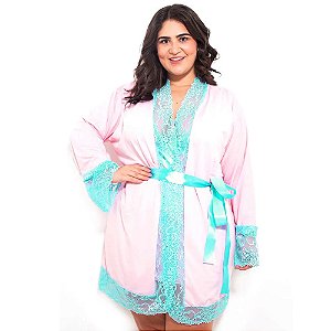 Hobe Plus Size Manga Longa Hot Love - Rosa Com Verde Água
