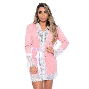 Robe Manga Longa Com Detalhes Rendados Hot Love - Rosa