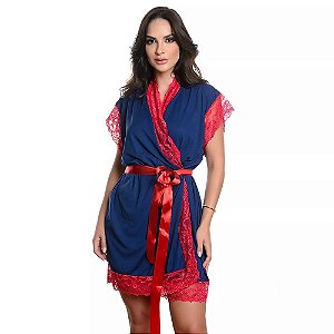 Robe Manga Curta Com Renda Hot Love - Azul Marinho Com Vermelho