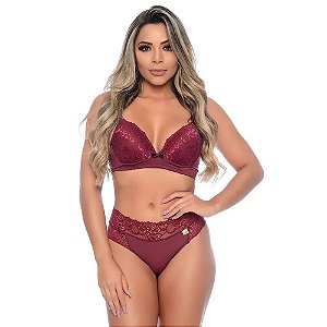Conjunto Velna Em Microfibra Com Detalhes Rendados E Lacinho Patitex - Vinho