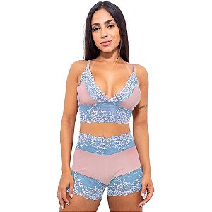 Short Doll Bicolor Rendado Hot Love - Azul Claro Com Rosa
