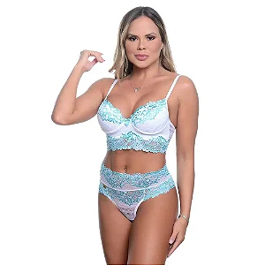 Lingerie Sensual Conjunto Dani Bicolor Patitex - Branco Com Verde Água