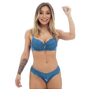 Conjunto Fio Duplo Em Microfibra Rendado Com Pingente E Lacinho Patitex - Azul Claro