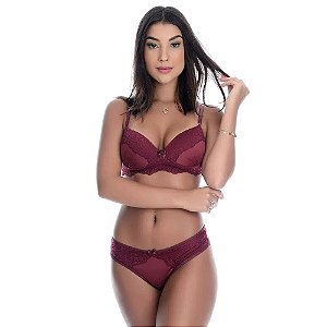 Conjunto Aline Fio Em Microfibra Com Detalhes Em Renda E Lacinho Patitex - Vinho