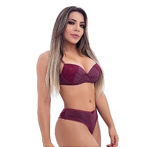 Conjunto Fio Duplo Em Microfibra Com Detalhes Em Renda Patitex - Vinho