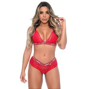 Conjunto Elástico Personalizado Love Rendado Patitex - Vermelho