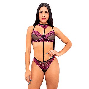Conjunto Sensual Tule Bicolor Com Gargantilha Hot Love - Preto Com Pink