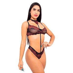 Conjunto Sensual Tule Bicolor Com Gargantilha Hot Love - Preto Com Terra
