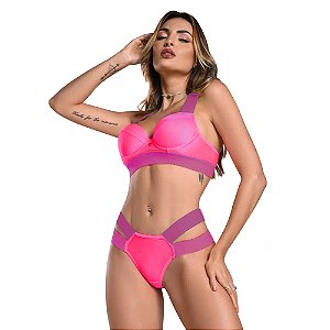 Conjunto Biquini Estrela Com Bojo Moda Apimentada - Rosa Neon