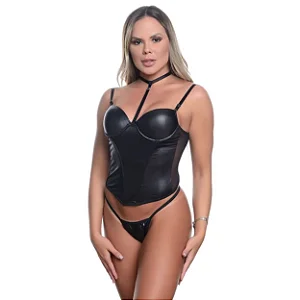 Conjunto Cirrê Fio Dental E Corselet Com Bojo Macler - Preto - P