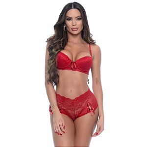 Conjunto Flora Sutiã Com Bojo E Calcinha Caleçon Patitex - Vermelho - G