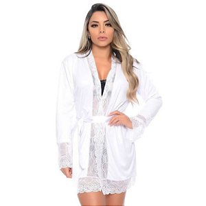 Robe Manga Longa Com Detalhes Rendados Hot Love - Branco