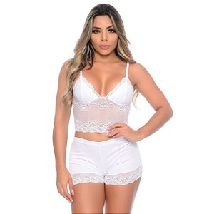Short Doll Em Malha Com Renda Sexy Hot Love - Branco - GG